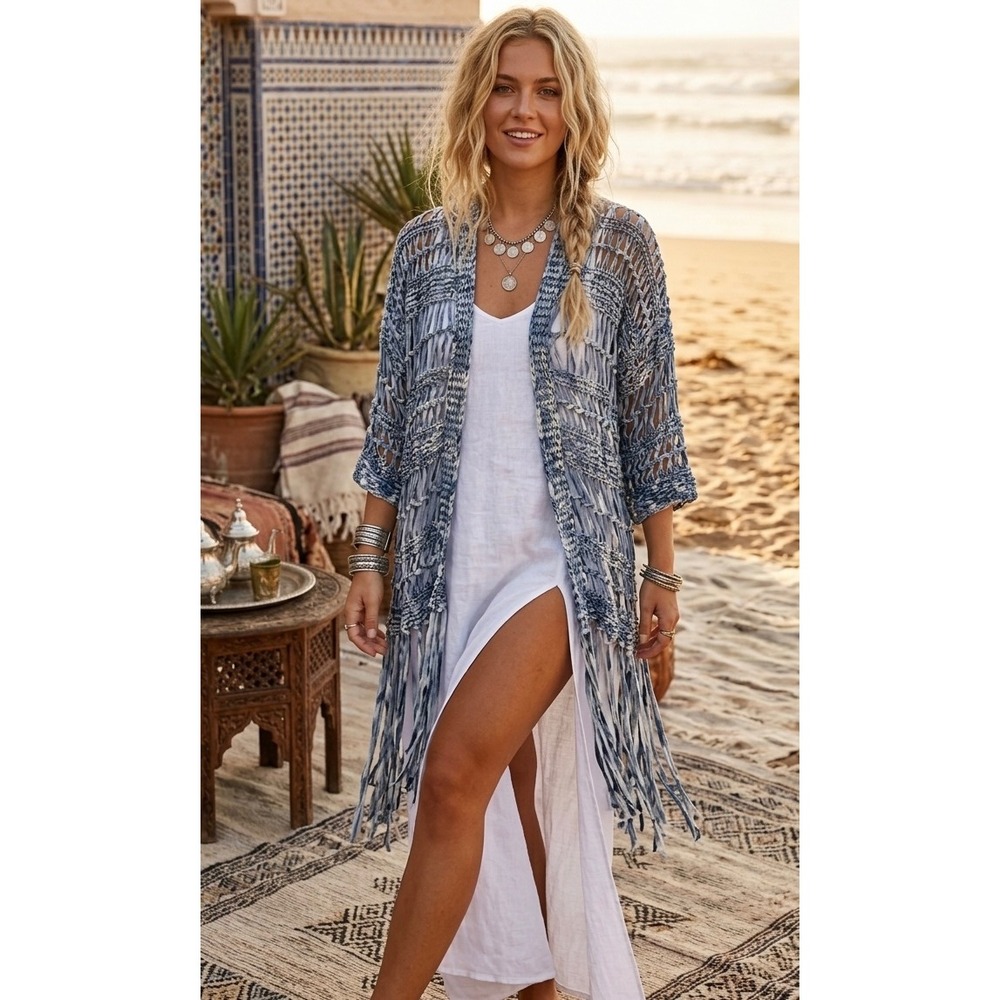 Chicos Boho Blue White Dye Open Knit Fringe Cardigan Kimono Beach Coverup Women